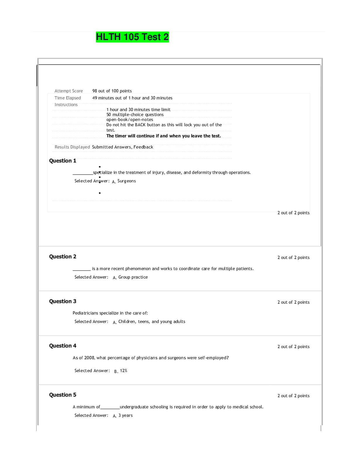 Preview of HLTH 105 Test 2 - Questions and Answers (Liberty University)